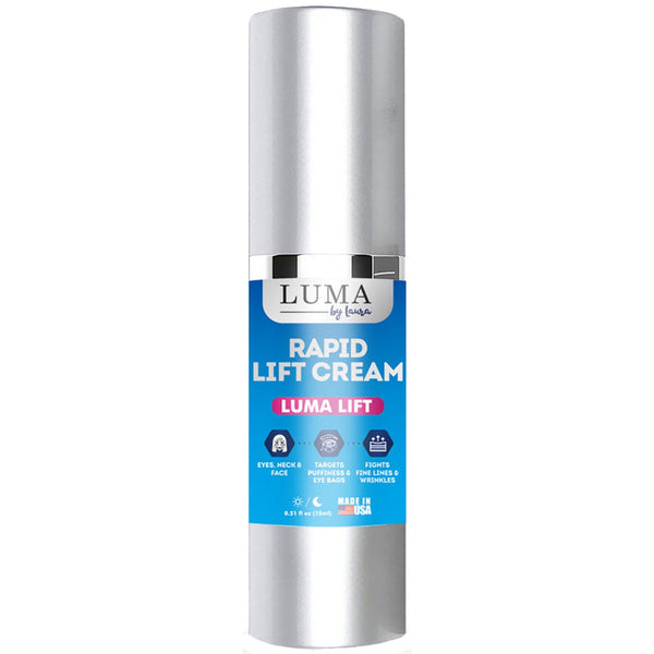 A silver bottle of Luma Lift Rapid Lift Cream on a white background