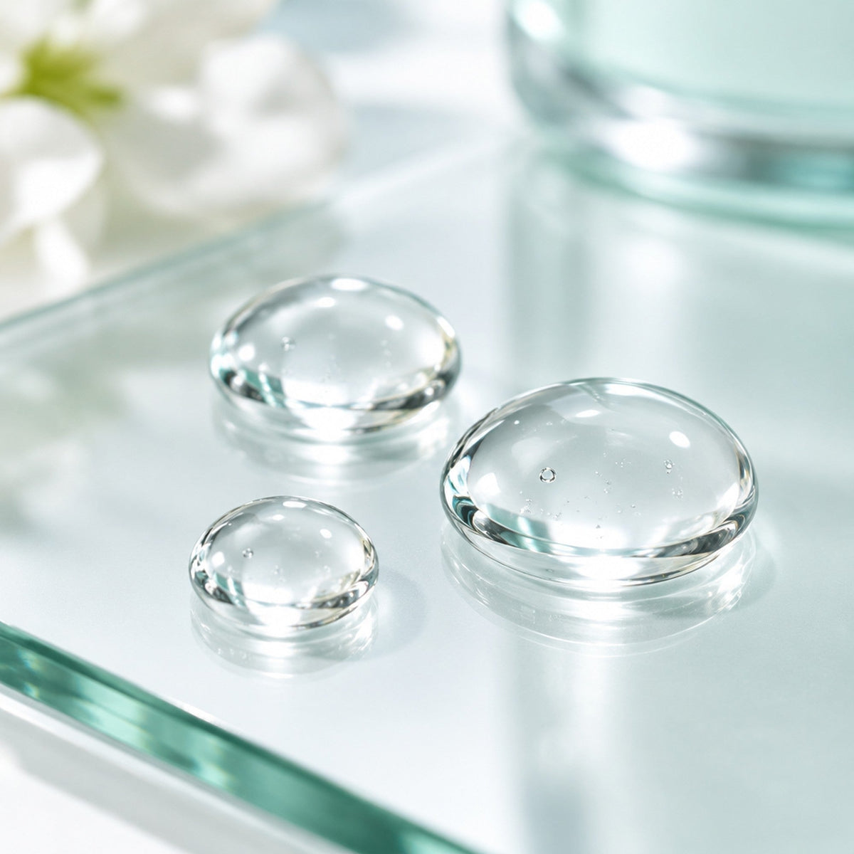 Clear drops of Luma Lash serum on a glass surface, with white flowers in the background